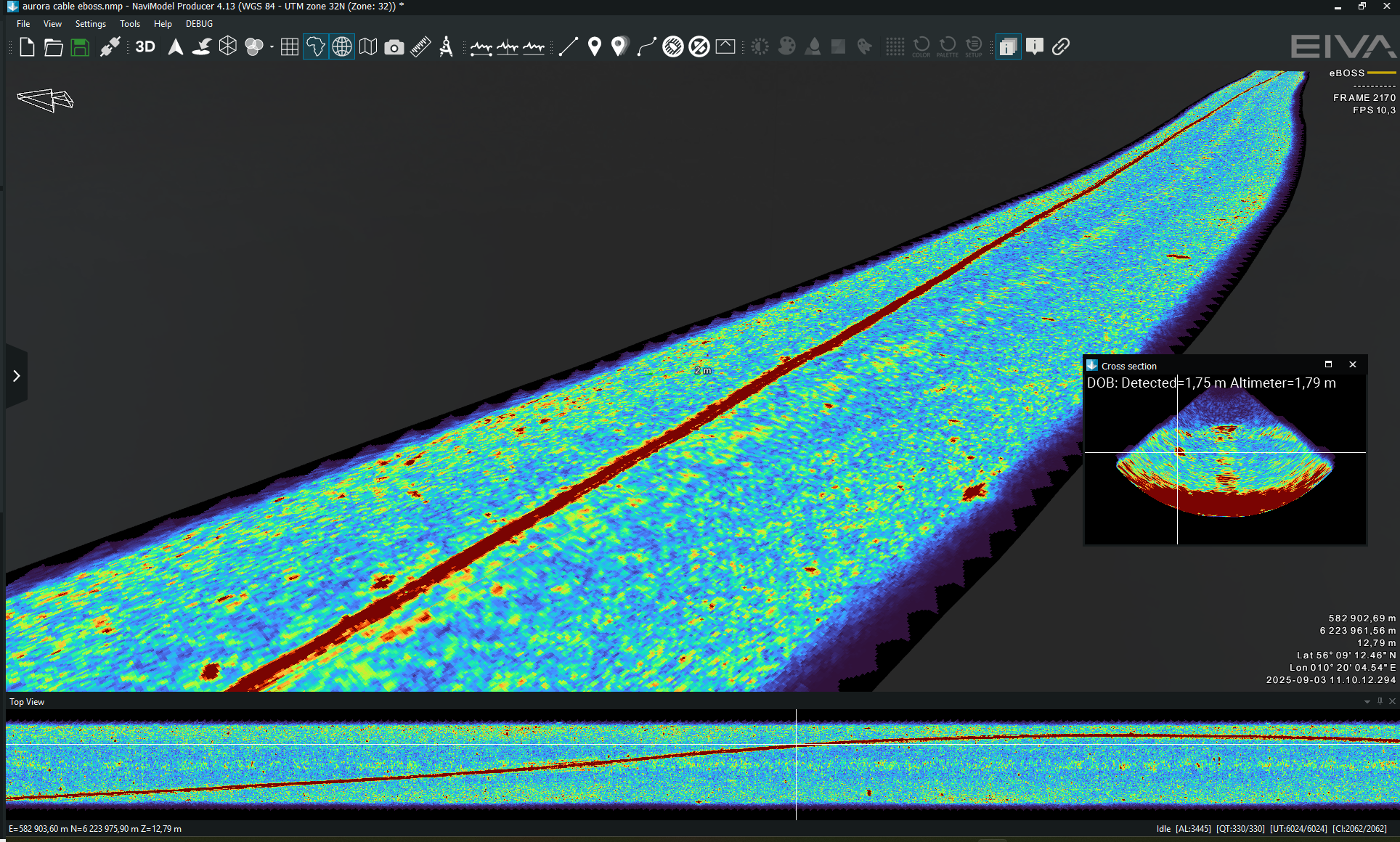 Three views of a subsea cable scan: 3D, cross section, and top view. The 3D view shows a straight, georeferenced pipe despite sensor drift. The top view stacks bottom slices from left to right.
